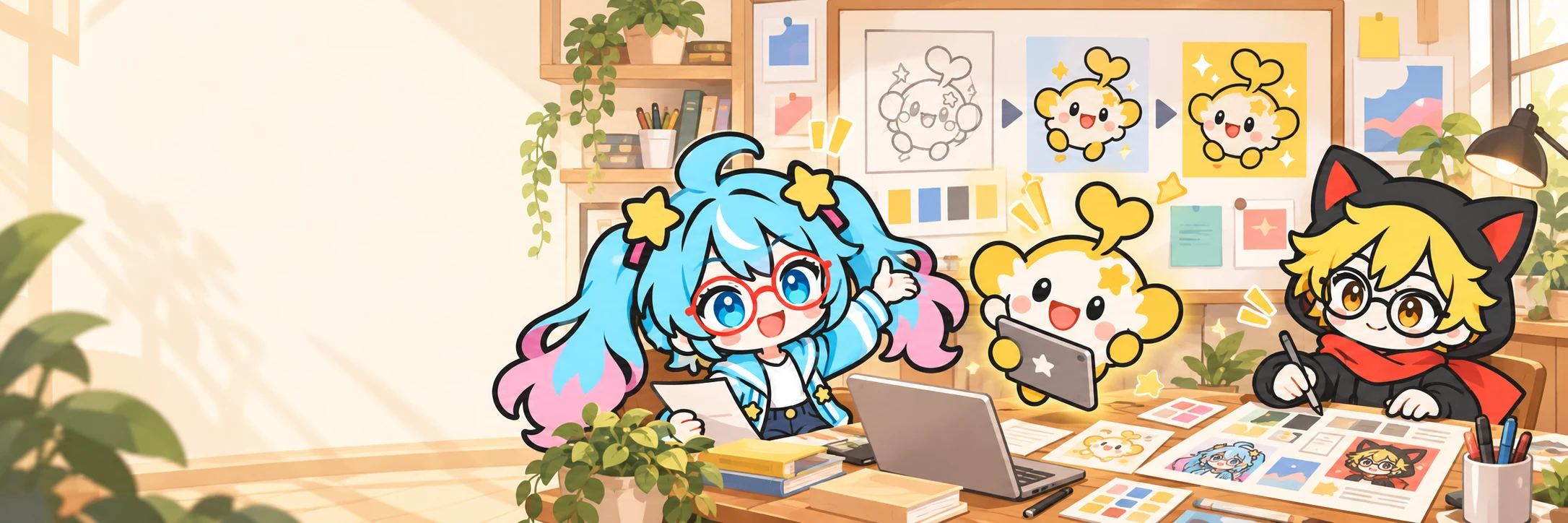 あたたかいデザインラボ。ミオが制作ボードを案内し、アイモンがタブレットを持ち、あろうが机でレイアウトを整えている。